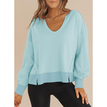 Dokotoo Womens Winter Tops Crewneck Long Sleeve Blouses for Women Dressy Casual 2024 Waffle Top for Women Womens Cropped Sweaters Oversized T Shirts Crop Sweatshirt Tops Basic Tee Sky Blue XL