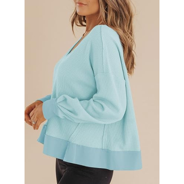 Dokotoo Womens Winter Tops Crewneck Long Sleeve Blouses for Women Dressy Casual 2024 Waffle Top for Women Womens Cropped Sweaters Oversized T Shirts Crop Sweatshirt Tops Basic Tee Sky Blue XL