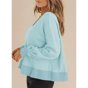 Dokotoo Womens Winter Tops Crewneck Long Sleeve Blouses for Women Dressy Casual 2024 Waffle Top for Women Womens Cropped Sweaters Oversized T Shirts Crop Sweatshirt Tops Basic Tee Sky Blue XL