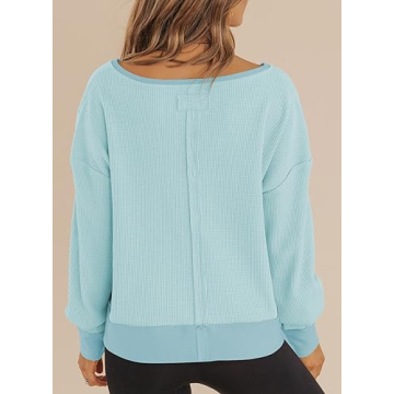 Dokotoo Womens Winter Tops Crewneck Long Sleeve Blouses for Women Dressy Casual 2024 Waffle Top for Women Womens Cropped Sweaters Oversized T Shirts Crop Sweatshirt Tops Basic Tee Sky Blue XL