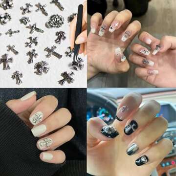 80PCS Cross Nail Charms for Acrylic Nails, 3D Silver Chrome Nail Charms with Vintage Gothic Retro Punk Crosses Hearts Skulls Mixed Nail Charms for DIY Nail Art Decoration Accessories