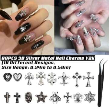 80PCS Cross Nail Charms for Acrylic Nails, 3D Silver Chrome Nail Charms with Vintage Gothic Retro Punk Crosses Hearts Skulls Mixed Nail Charms for DIY Nail Art Decoration Accessories