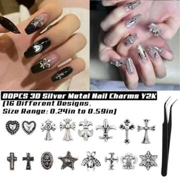 80PCS Cross Nail Charms for Acrylic Nails, 3D Silver Chrome Nail Charms with Vintage Gothic Retro Punk Crosses Hearts Skulls Mixed Nail Charms for DIY Nail Art Decoration Accessories