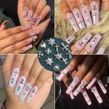 80PCS Cross Nail Charms for Acrylic Nails, 3D Silver Chrome Nail Charms with Vintage Gothic Retro Punk Crosses Hearts Skulls Mixed Nail Charms for DIY Nail Art Decoration Accessories