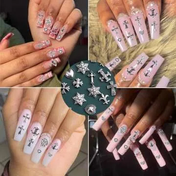 80PCS Cross Nail Charms for Acrylic Nails, 3D Silver Chrome Nail Charms with Vintage Gothic Retro Punk Crosses Hearts Skulls Mixed Nail Charms for DIY Nail Art Decoration Accessories