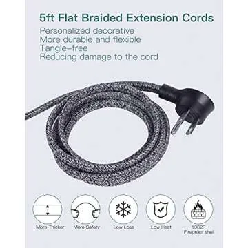 Addtam Power Strip ETL Certificate Flat Plug Extension Cord with 3 USB Ports, 5 Feet Braided Cord, Desktop Small Travel Power Strip for Cruise Ship, Home, Office Black