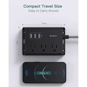 Addtam Power Strip ETL Certificate Flat Plug Extension Cord with 3 USB Ports, 5 Feet Braided Cord, Desktop Small Travel Power Strip for Cruise Ship, Home, Office Black