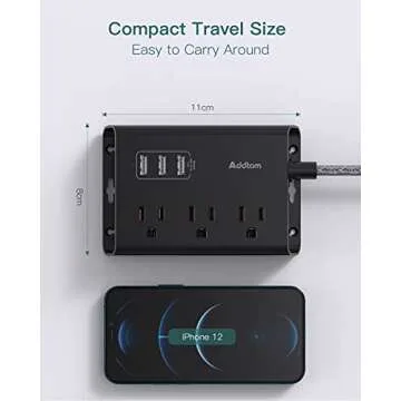 Addtam Power Strip ETL Certificate Flat Plug Extension Cord with 3 USB Ports, 5 Feet Braided Cord, Desktop Small Travel Power Strip for Cruise Ship, Home, Office Black