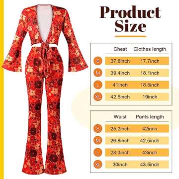 Foaincore 6 Pcs 70s Disco Outfits for Women Hippie Costume Set Flared Pants Headband Earring Sunglass for Halloween (Large)