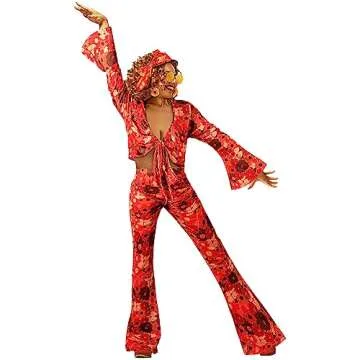 Foaincore 6 Pcs 70s Disco Outfits for Women Hippie Costume Set Flared Pants Headband Earring Sunglass for Halloween (Large)