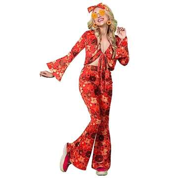 Foaincore 6 Pcs 70s Disco Outfits for Women Hippie Costume Set Flared Pants Headband Earring Sunglass for Halloween (Large)