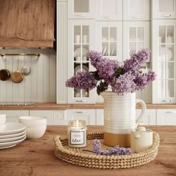 Barnyard Designs 1.5 Quart White Ceramic Pitcher, Vintage Rustic Farmhouse Ceramic White Jug or Flower Vase, Ivory/Tan, 7x7.25”