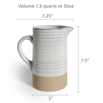 Barnyard Designs 1.5 Quart White Ceramic Pitcher, Vintage Rustic Farmhouse Ceramic White Jug or Flower Vase, Ivory/Tan, 7x7.25”