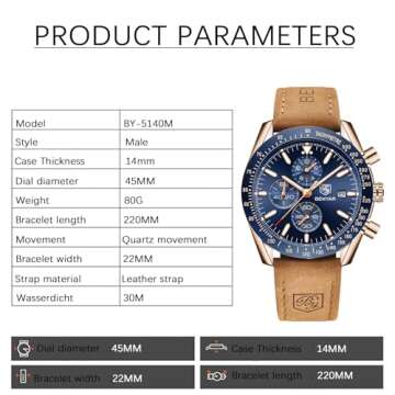 BENYAR Classic Fashion Quartz Chronograph Watch Casual Sport 30M Waterproof Leather Band Mens Watche...
