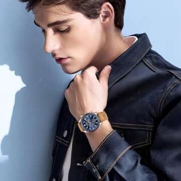 BENYAR Classic Fashion Quartz Chronograph Watch Casual Sport 30M Waterproof Leather Band Mens Watches (Brown-Blue)