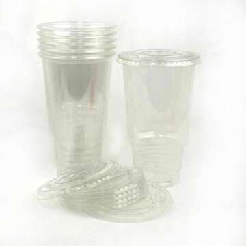 50sets 32oz. Plastic Ultra Clear Cups with flat lids is for cold drinks like iced coffee, Bubble Tea, Frozen Cocktails, water , Sosa and juices (32oz +flat lids 50sets)