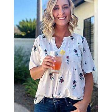 WLLW Women Bohemian Short Sleeve V Neck Floral Print T Shirt Babydoll Shirt Blouse Tunic Top (White,...