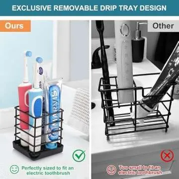 Toothbrush Holders for Bathrooms, Stainless Steel Bathroom Toothbrush Holder Kids Electric Tooth Brushing Holder Stand and Toothpaste Holder for Bathroom Accessories Organizer with Tray, Black (Small)