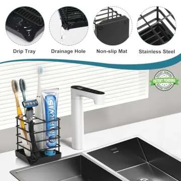 Toothbrush Holders for Bathrooms, Stainless Steel Bathroom Toothbrush Holder Kids Electric Tooth Brushing Holder Stand and Toothpaste Holder for Bathroom Accessories Organizer with Tray, Black (Small)