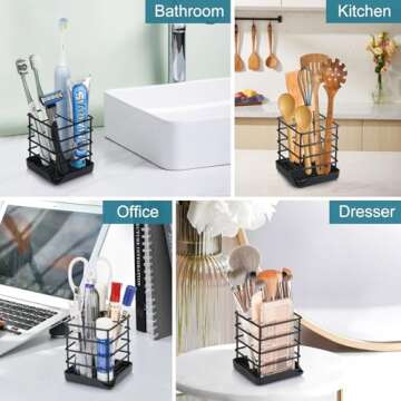 Toothbrush Holders for Bathrooms, Stainless Steel Bathroom Toothbrush Holder Kids Electric Tooth Brushing Holder Stand and Toothpaste Holder for Bathroom Accessories Organizer with Tray, Black (Small)