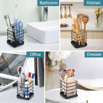 Toothbrush Holders for Bathrooms, Stainless Steel Bathroom Toothbrush Holder Kids Electric Tooth Brushing Holder Stand and Toothpaste Holder for Bathroom Accessories Organizer with Tray, Black (Small)