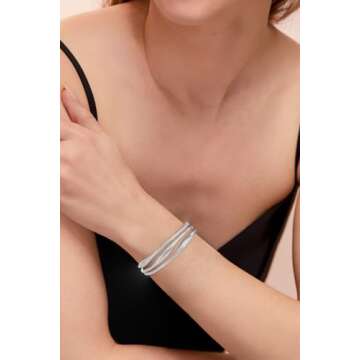 ENSKEFEN Matte Silver Cuff Bracelets for Women Trendy Multi-layer Wire Arm Cuff Bracelets Adjustable Open Cuff Bangles Antique Silver Cuff Bangle Bracelets Minimalist Wrist Cuffs Bracelet