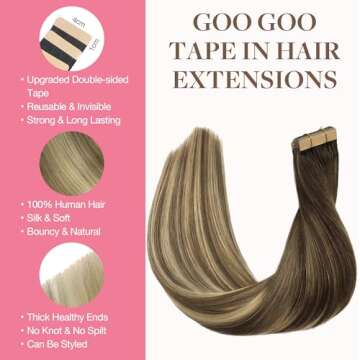 GOO GOO Tape in Hair Extensions Human Hair, 3/8/613 Balayage Walnut Brown to Ash Brown and Bleach Bl...