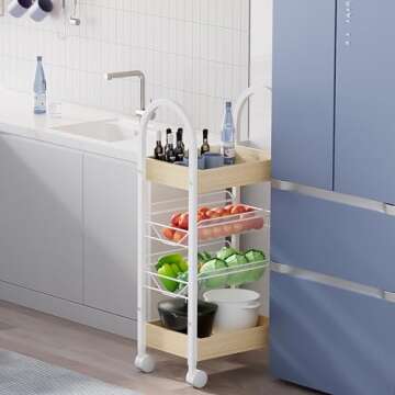 Small Bathroom Storage Cart Organizer - 4-Tier Narrow Rolling Cart Organizer with Wheels,2 Metal Basket,2 Wooden Tray,Upgraded Version Arc Handle,9.5" D x 16.5" W x 28.5" H