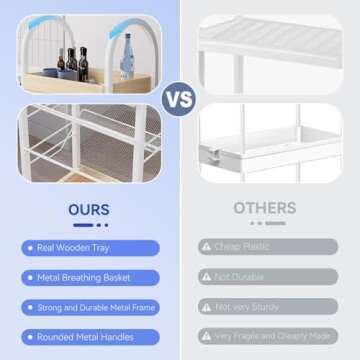 Small Bathroom Storage Cart Organizer - 4-Tier Narrow Rolling Cart Organizer with Wheels,2 Metal Basket,2 Wooden Tray,Upgraded Version Arc Handle,9.5" D x 16.5" W x 28.5" H