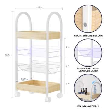 Small Bathroom Storage Cart Organizer - 4-Tier Narrow Rolling Cart Organizer with Wheels,2 Metal Basket,2 Wooden Tray,Upgraded Version Arc Handle,9.5" D x 16.5" W x 28.5" H