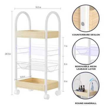 Small Bathroom Storage Cart Organizer - 4-Tier Narrow Rolling Cart Organizer with Wheels,2 Metal Basket,2 Wooden Tray,Upgraded Version Arc Handle,9.5" D x 16.5" W x 28.5" H