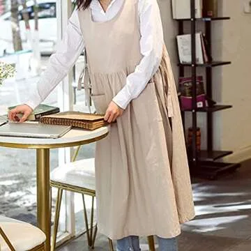 KKTOCHVC Premium Plus Size Apron Adjustable Waistline Bib Apron,Soft Cotton Blend Apron with Pockets (Cream Color)