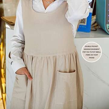 KKTOCHVC Premium Plus Size Apron Adjustable Waistline Bib Apron,Soft Cotton Blend Apron with Pockets (Cream Color)
