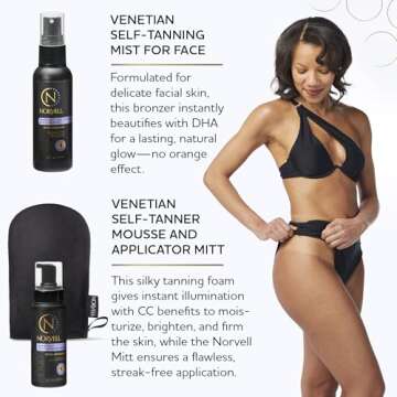 Norvell Venetian Self Tanner Mousse, 8 Fl Oz, Self Tanning Mist for Face 2 fl oz, and Streak-Free Tan Applicator Mitt