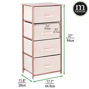 mDesign Tall Dresser Storage Tower Stand with 4 Removable Fabric Drawers - Steel Frame, Wood Top Organizer for Bedroom, Entryway, Closet - Lido Collection - Light Pink/Rose Gold
