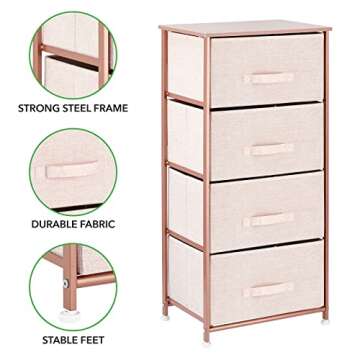 mDesign Tall Dresser Storage Tower Stand with 4 Removable Fabric Drawers - Steel Frame, Wood Top Organizer for Bedroom, Entryway, Closet - Lido Collection - Light Pink/Rose Gold