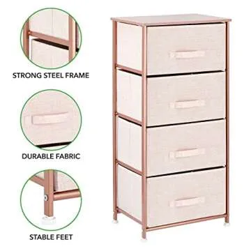 mDesign Tall Dresser Storage Tower Stand with 4 Removable Fabric Drawers - Steel Frame, Wood Top Organizer for Bedroom, Entryway, Closet - Lido Collection - Light Pink/Rose Gold