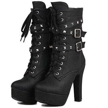 ForeMode Women Autumn Round Toe Lace up Ankle Buckle Chunky High Heel Platform Knight Boots（Black,7.5）
