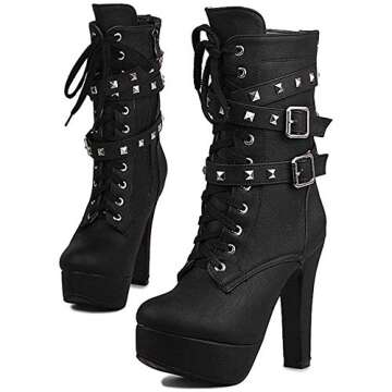 ForeMode Women Autumn Round Toe Lace up Ankle Buckle Chunky High Heel Platform Knight Boots（Black,7.5）
