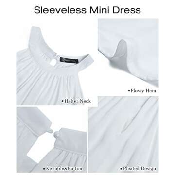 PRETTYGARDEN Womens Summer Dresses 2024 Cute Halter Neck Sleeveless Mini Dress Solid Color Flowy Pleated Beach Dress Sundress(Small, White)
