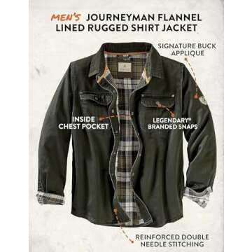Legendary Whitetails Men's Journeyman Shirt Jacket, Flannel Lined Shacket for Men, Water-Resistant Coat Rugged Fall Clothing, Dark Army, Large