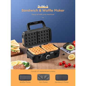 HOUSNAT 3-in-1 Sandwich Maker Waffle Panini Grill