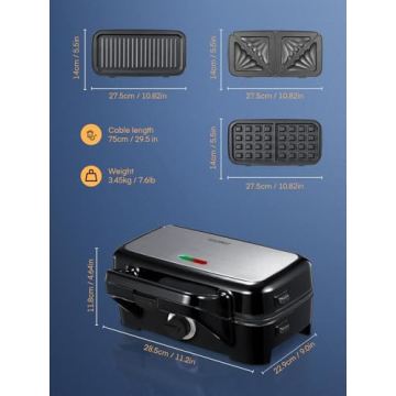 HOUSNAT 3-in-1 Sandwich Maker Waffle Panini Grill