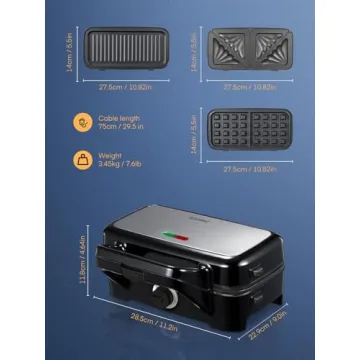 HOUSNAT 3-in-1 Sandwich Maker Waffle Panini Grill