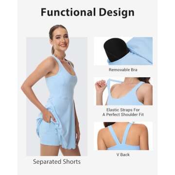Tanou Womens Tennis Dress with Separated Shorts & Bra U Neck Golf Sleeveless Athletic Workout Scalloped Dress with 2 Pockets Light Blue Medium