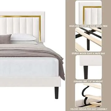 HITHOS Queen Velvet Bed Frame with Adjustable Headboard