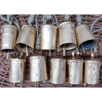 HIGHBIX 7cm Big Vintage Rustic Lucky Tin Metal Cow Bells Handmade Christmas Décor Bells on Jute Rope (10, Cylinder)