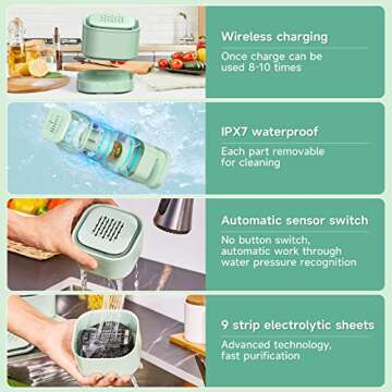 Feiqio Fruit and Vegetable Washing Machine, Deeply Cleans Fresh Produce, IPX7 Waterproof, OH-Ion Purification, Portable, Green Plastic Handle and Bristles