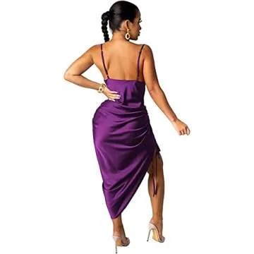 Women's Spaghetti Strap Satin Dress Sexy Backless Drawstring Ruched Split Hem Cocktail Evening Party Purple