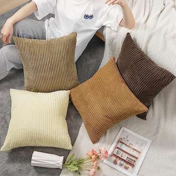 Lewondr Corduroy Throw Pillow Covers 18x18, Set of 4 Multi-Color Matching Square Soft Throw Pillow Cases Modern Stripes Couch Pillows for Living Room Home Bedroom Sofa Car Office Decor, 45x45cm/Brown